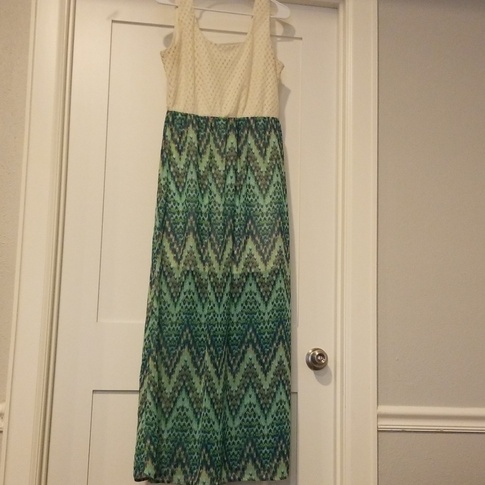 Green and white maxi dress